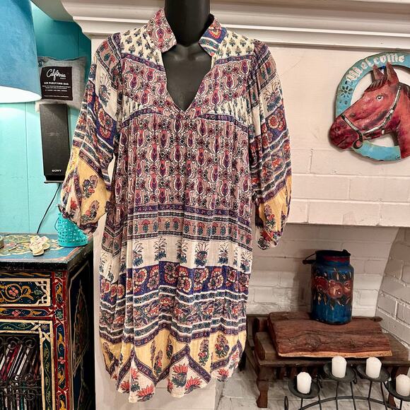 VINTAGE BOHO INDIA HIPPIE BLOCK PRINT DRESS URBAN RENEWAL - Picture 9 of 11